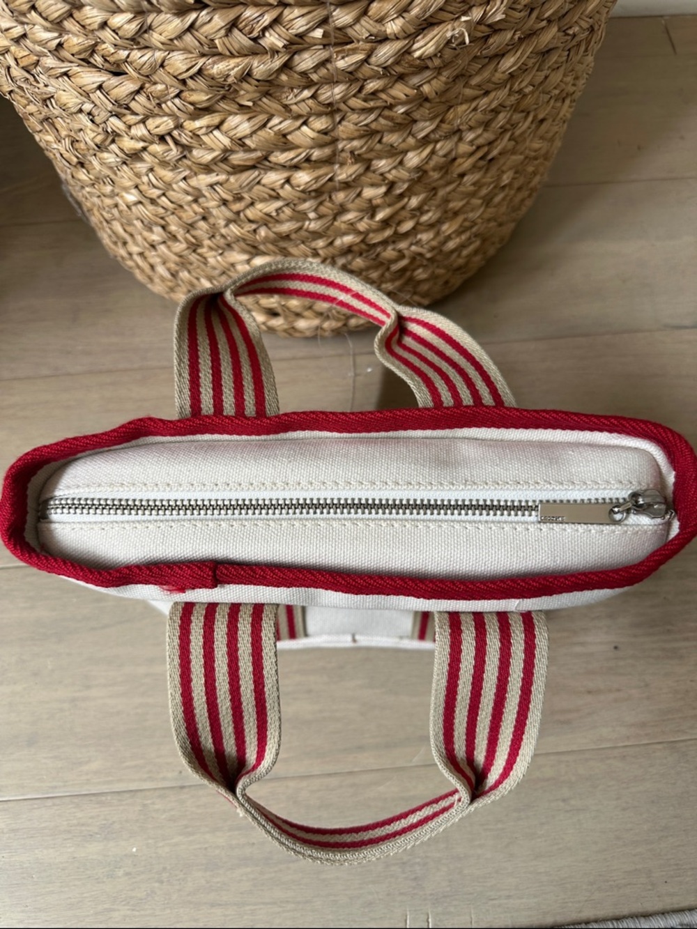 NWT Vintage Y2K Lacoste Cream Canvas Mini Tote with Red Stripes - Picture 3 of 11